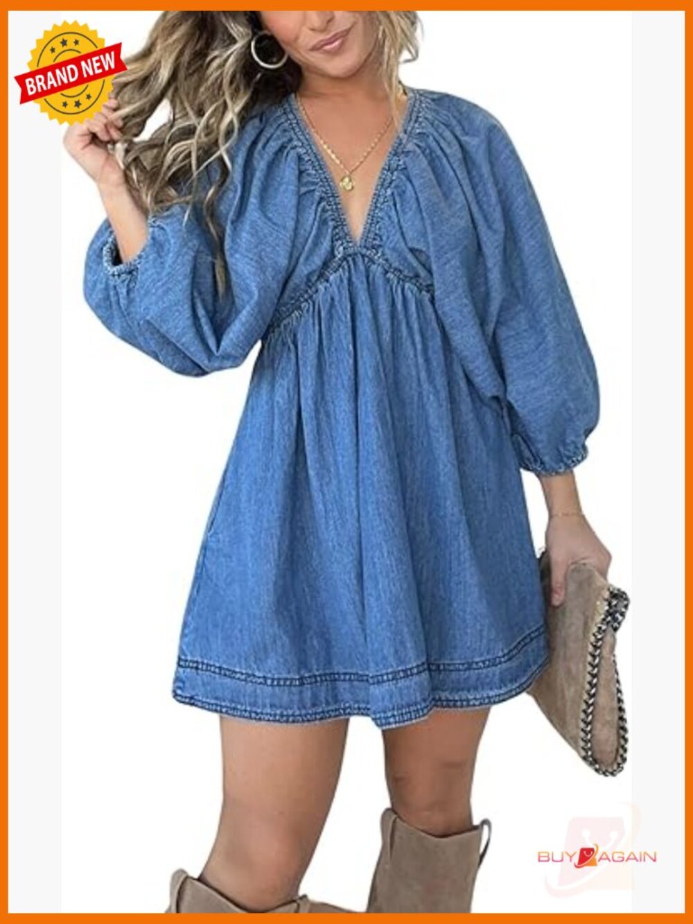 V Neck Puff Sleeve Denim Mini Dress A Line Swing Babydoll Jean Dress